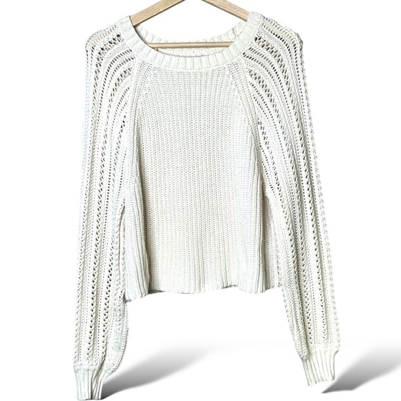 AMERICAN EAGLE Cotton Blend Cream Cropped Rib Knit Pointelle Sleeves Sweater M - Picture 1 of 8